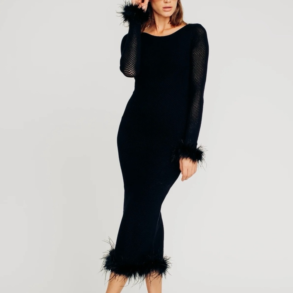 Torn By Ronny Kobo Black Knit Serenity Dress With Feather Trim Details